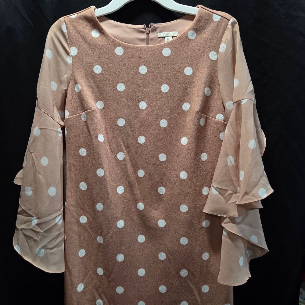 Flowy Polka Dot Bell Ruffle 3/4 Sleeve C. Est. 1946 Shift Dress Peach SZ XS